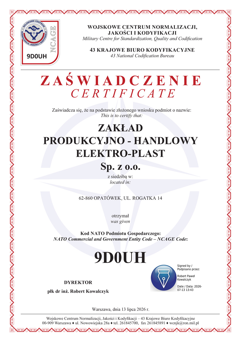 Kod NCAGE (NATO Commercial and Government Entity): Kod identyfikacyjny podmiotu gospodarczego nadawany przez Wojskowe Centrum Normalizacji, Jakości i Kodyfikacji (WCNJiK) w ramach Systemu Kodyfikacyjnego NATO. Kod ten umożliwia firmie Elektro-Plast dostarczanie wyrob&oacute;w i usług dla sił zbrojnych państw członkowskich NATO.
