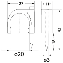 Uchwyt kablowy z gwoździem FLOP-20, na okrągły przewód, ⌀20mm, biały, gwóźdź: 3x42mm