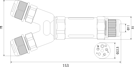 Cable Connector Tee SPNTY 325 3x2.5, 250V, 16A, IP68