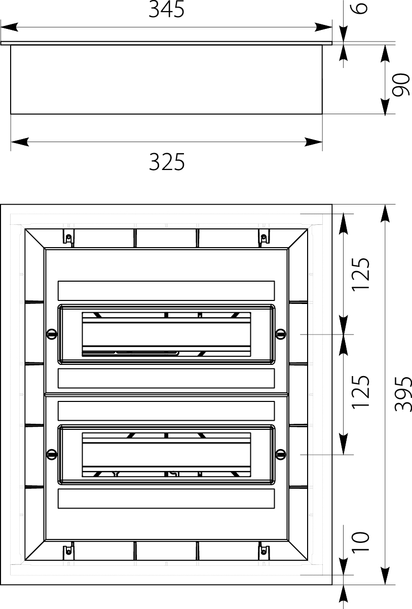 Flush Distribution Board DARP-24S (2x12), lacquered aluminium door, descriptive labels, aluminum TH rail (eurobus), IP54,elektro-plast