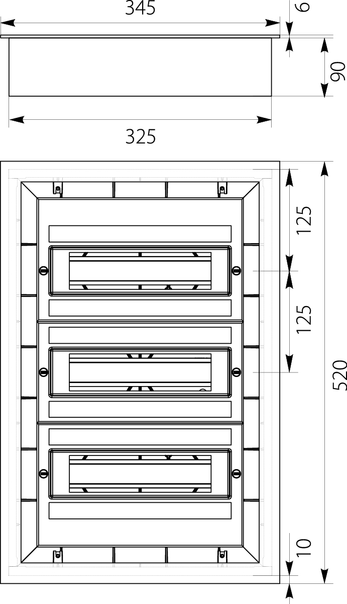 Flush Distribution Board DARP-36S (3x12), lacquered aluminium door, descriptive labels, aluminum TH rail (eurobus), IP54,elektro-plast